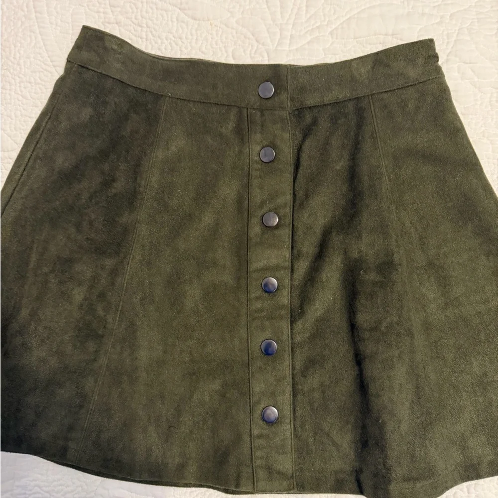 She + Sky Dark Olive Suede-Look Button Front Skater Skirt - Picture 2 of 4